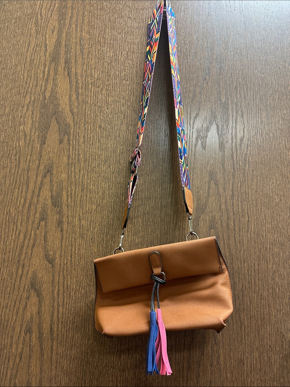 Classic Tan Crossbody with Multicolor Tassels and Woven Strap